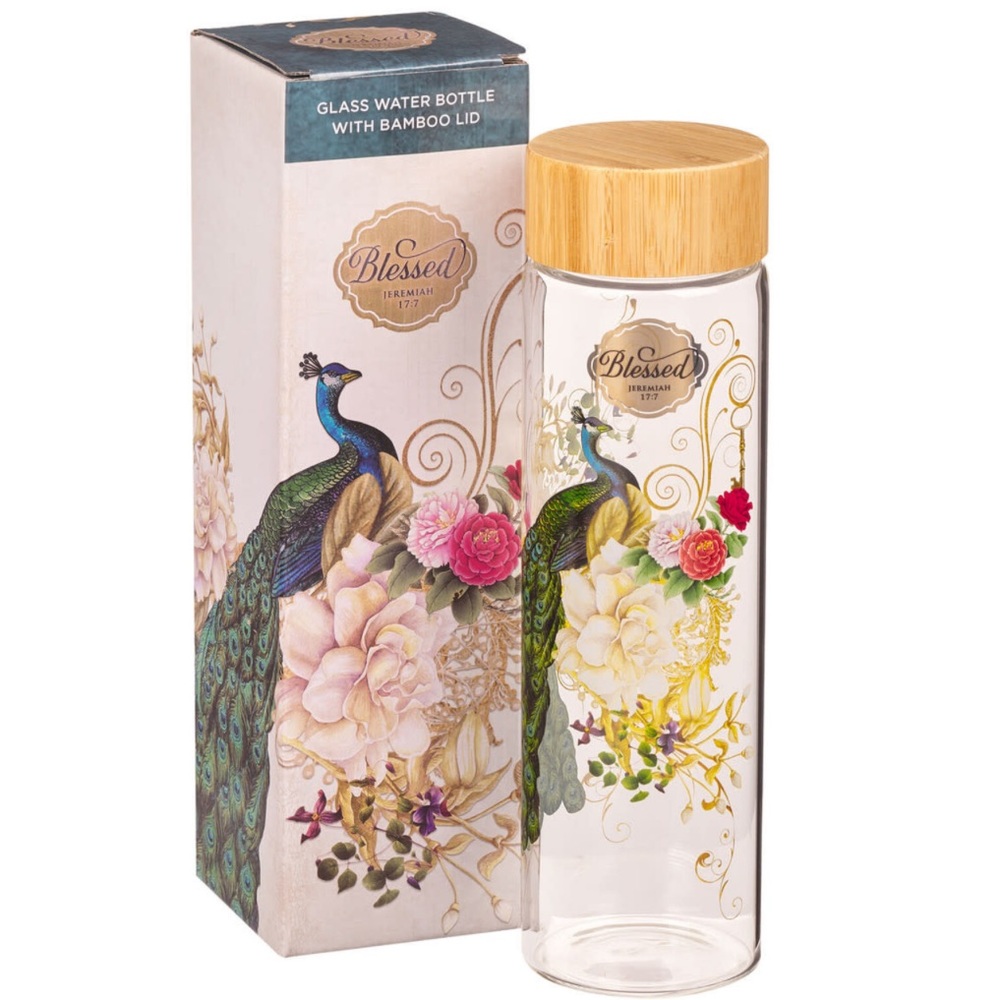 NWT-Glass Water Bottle with Bamboo Lid - Peacock-Blessed.